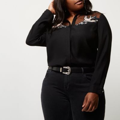 Plus black swallow embroidered shirt